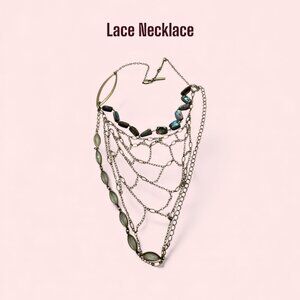 Metal Lace Necklace Iridescent Glass Stones 19”